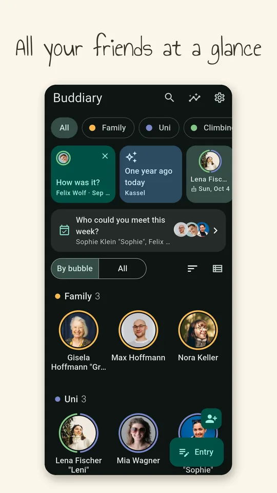 Buddiary home screen with friends grouped in bubbles