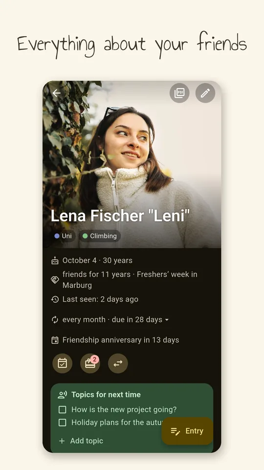 Profile page with photo, birthday and topics for the next meet-up