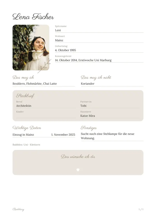 Freundebuch-Seite der erfundenen Lena im Layout Klassisch