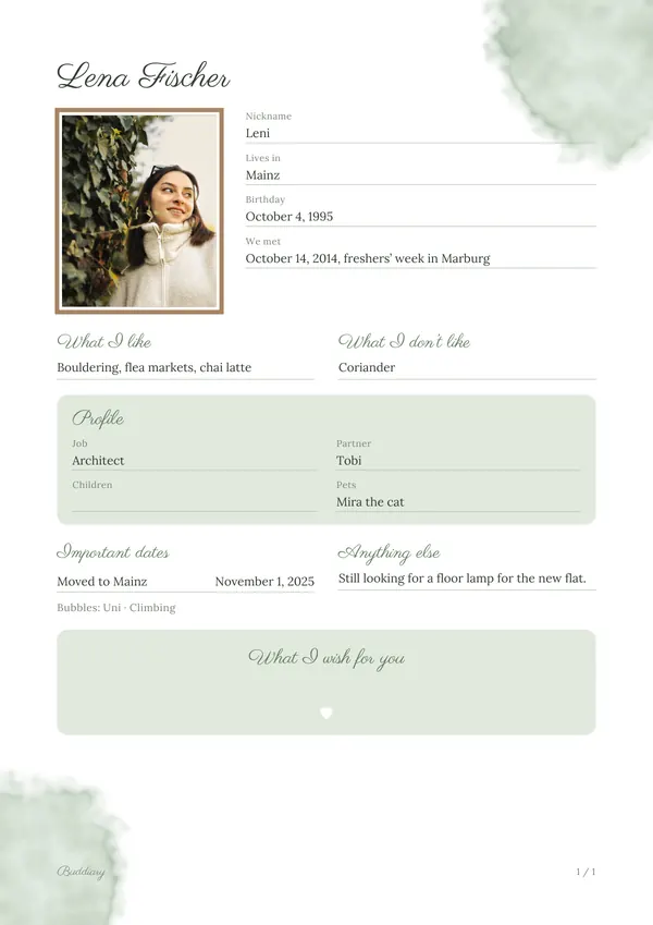 Friendship book page for the made-up Lena in the layout Sage