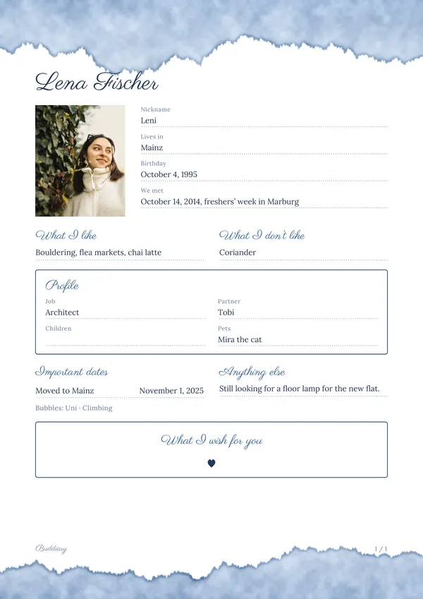 Friendship book page for the made-up Lena in the layout Sky