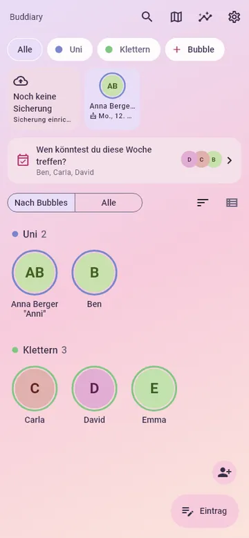 Startseite von Buddiary im Farbthema Blossom