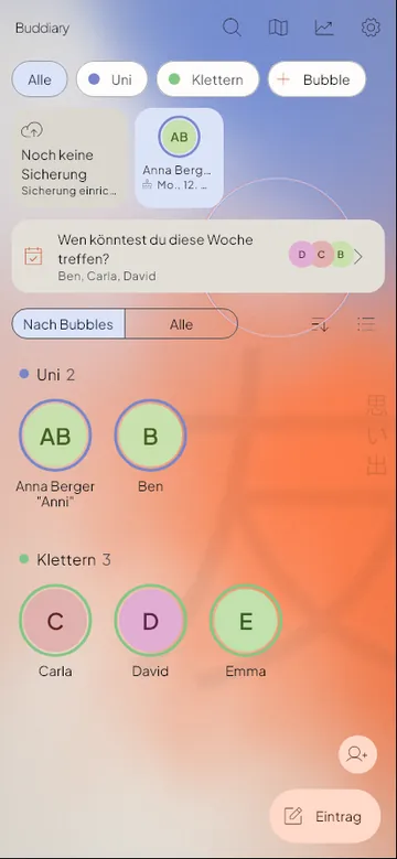 Startseite von Buddiary im Farbthema Tokyo